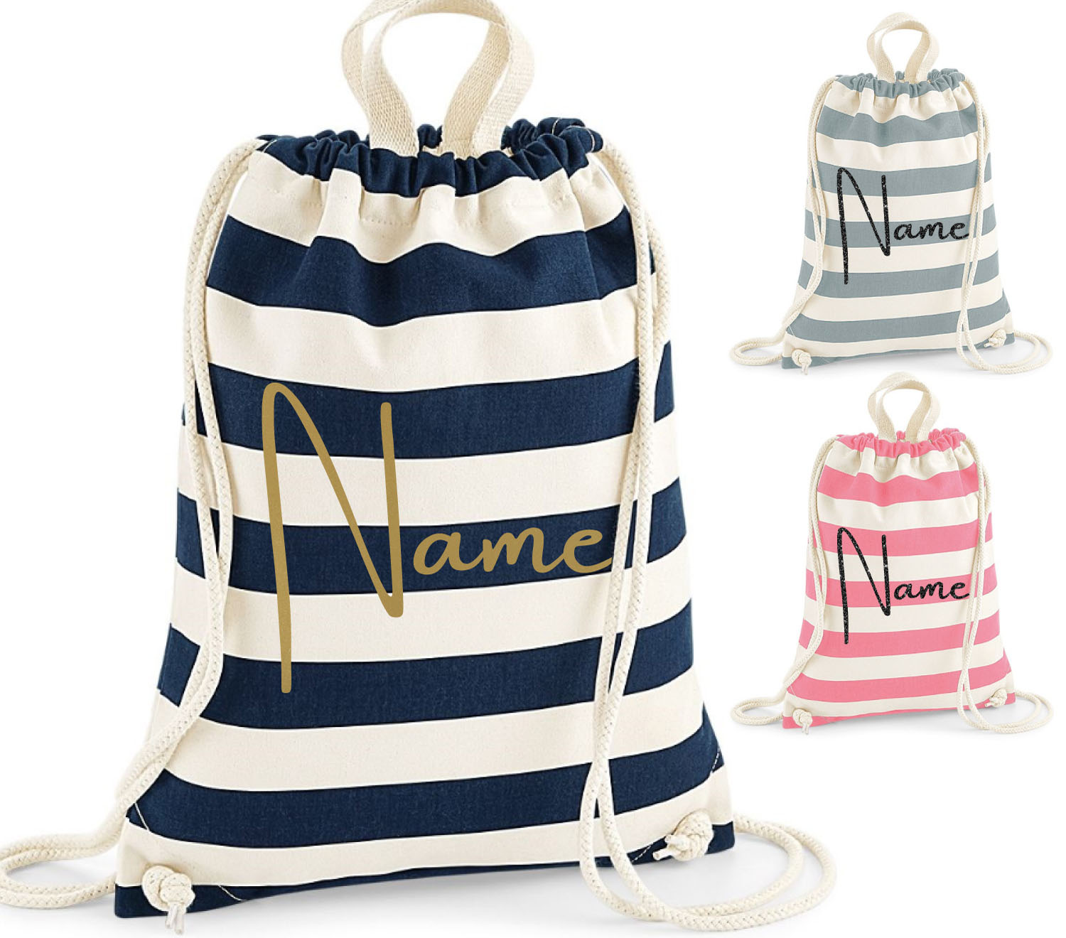 Personalised Beach Bag Pull String Girls Ladies Stripe Canvas Holiday Gift Beyondsome