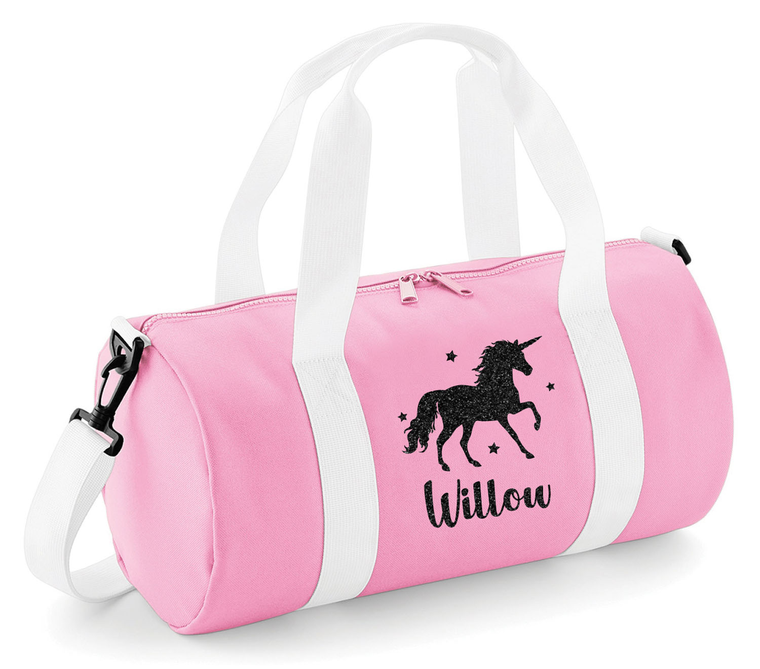 Childrens Personalised Unicorn Glitter Barrel Bag Girls Kids Horse ...