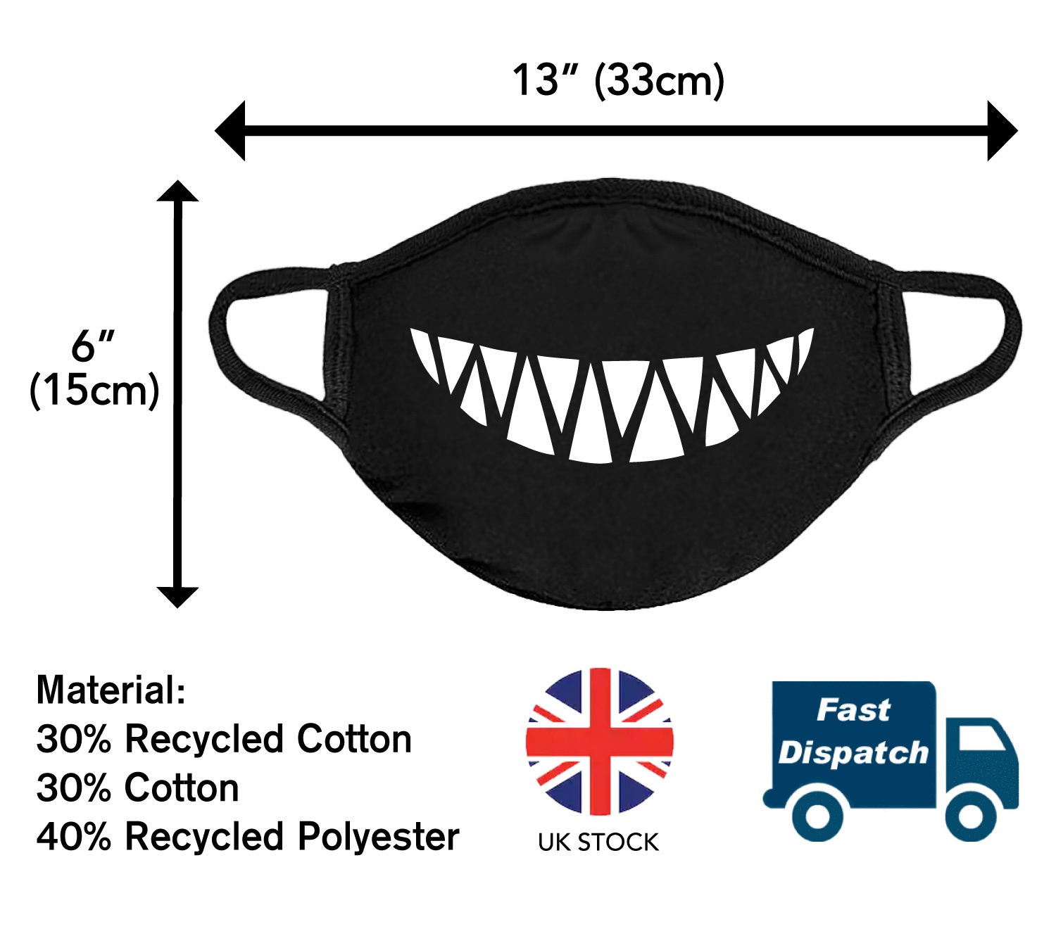 Smile Teeth Face Mask Adult Covering Fun Black Washable Reusable