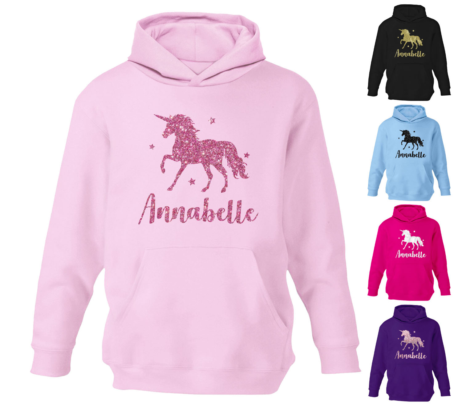 Childrens Personalised Glitter Unicorn Horse Hoodie Girls Boys Hoody Top Beyondsome